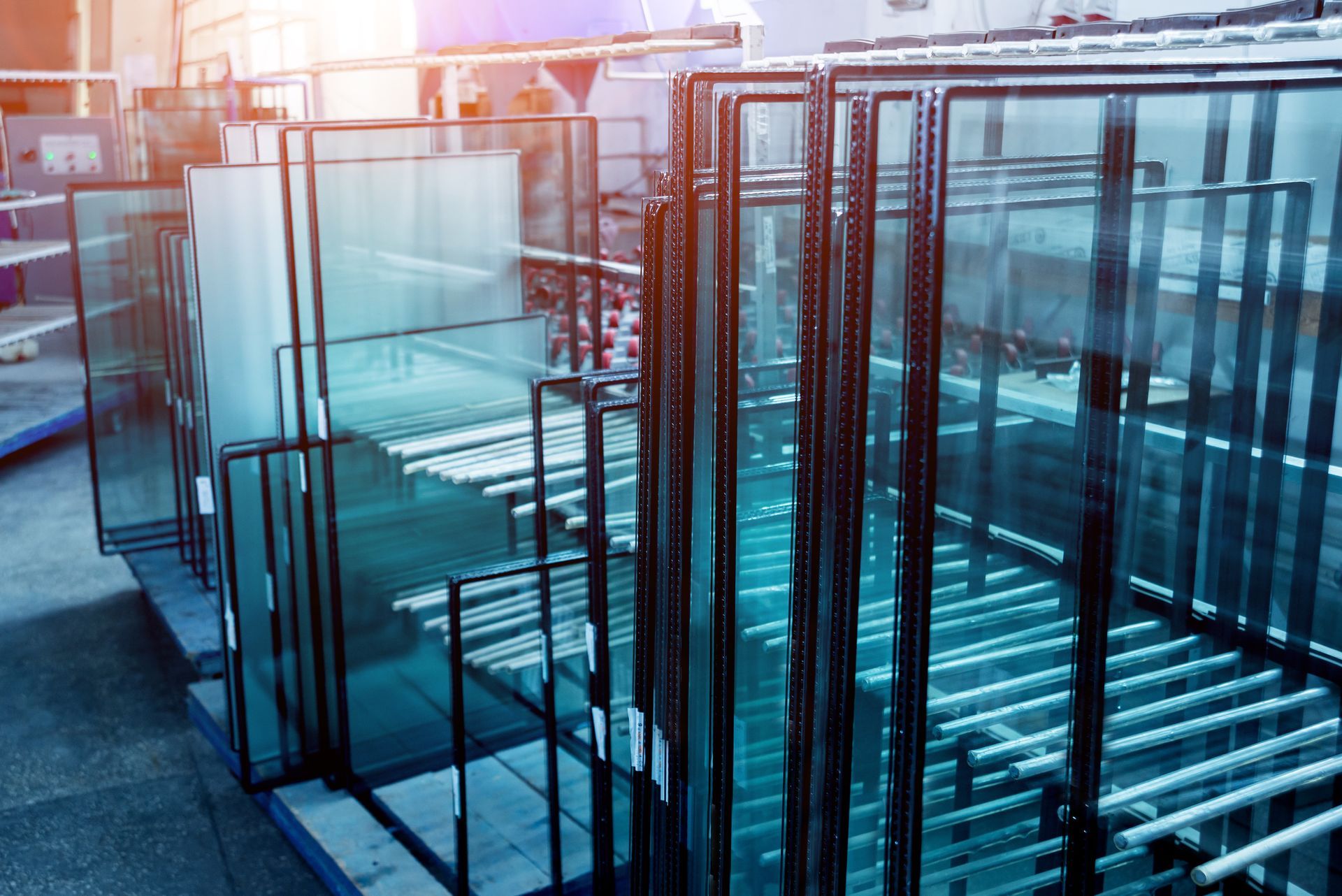 Glass display cases in a sunlit retail showroom with blue-tinted reflections