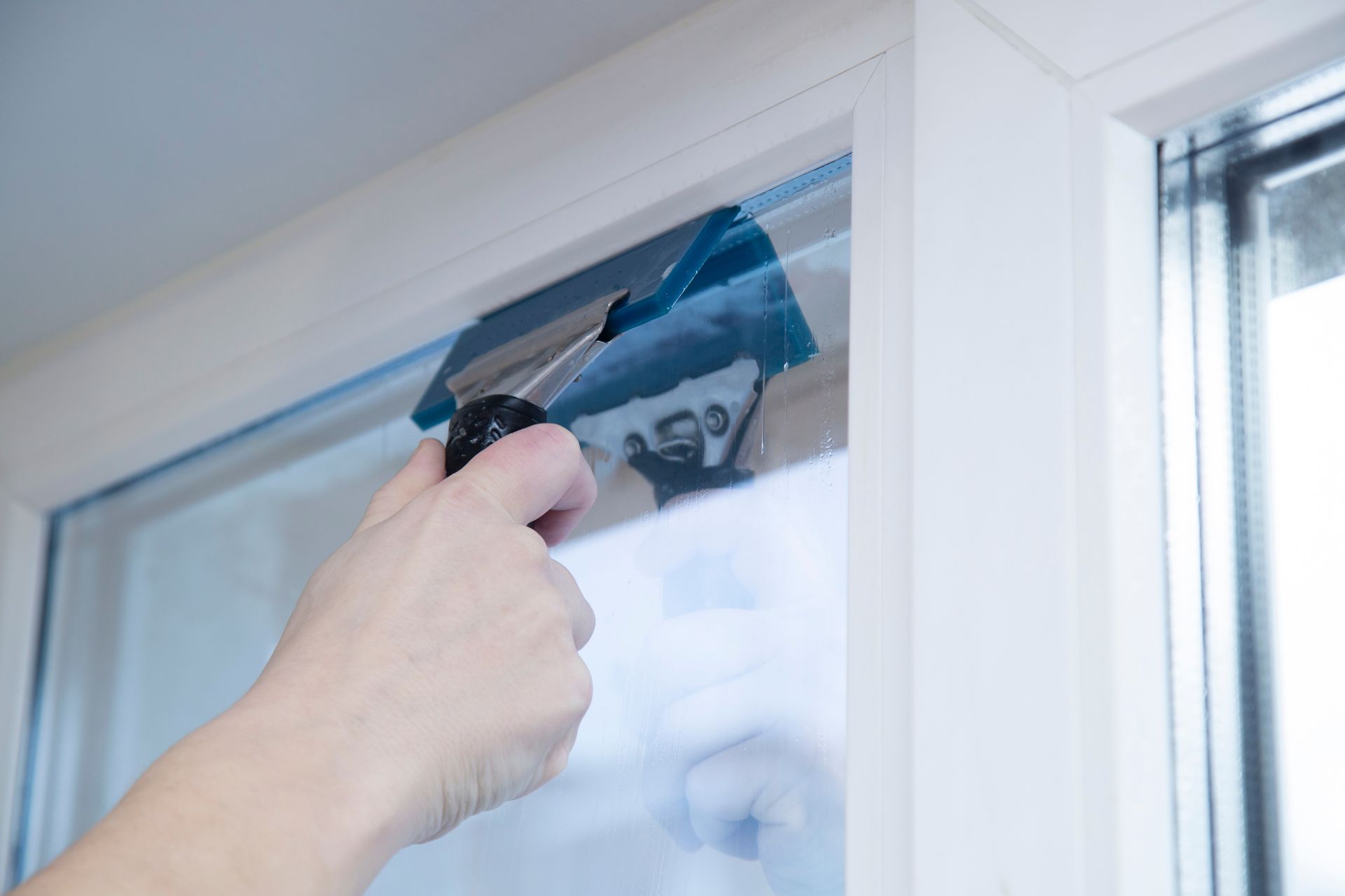 Person cleaning a window with a squeegee, leaving a clear view on the glass.