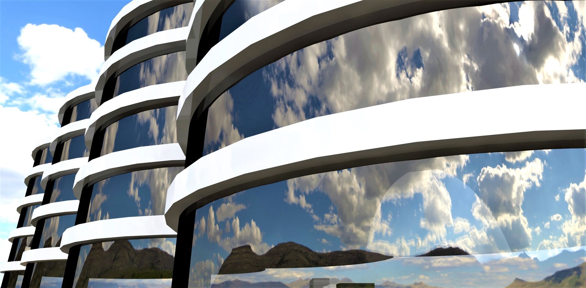 Curved modern building with reflective glass and white balconies under a blue sky