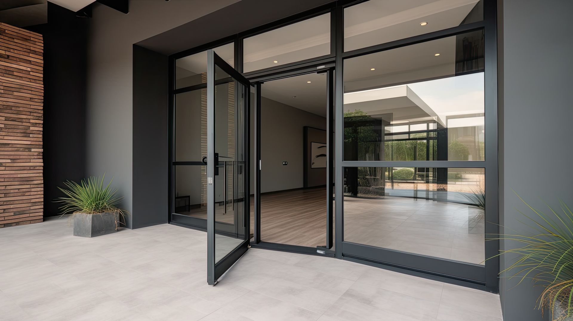 Modern building entrance with open glass doors and a patio leading inside
