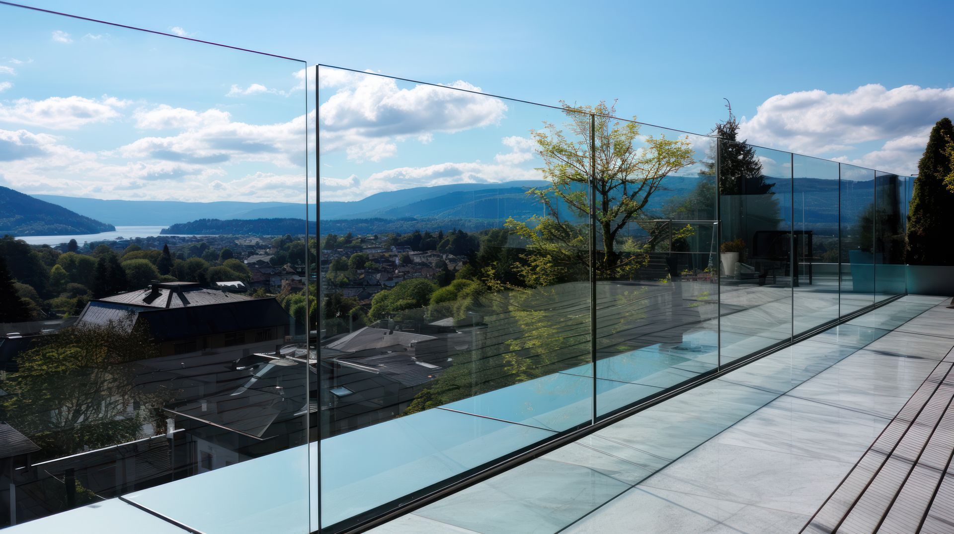 Glass-railed rooftop terrace overlooking a coastal town, blue water, and mountains under a clear sky.