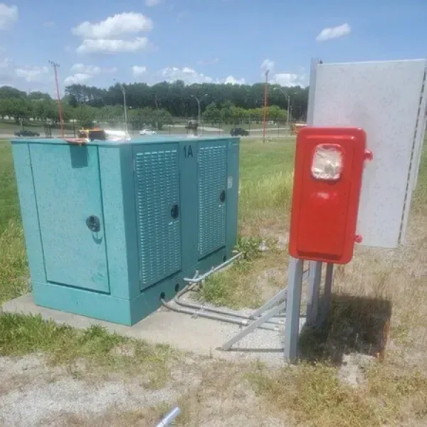 Green electrical box and red cabinet with antenna in a field.