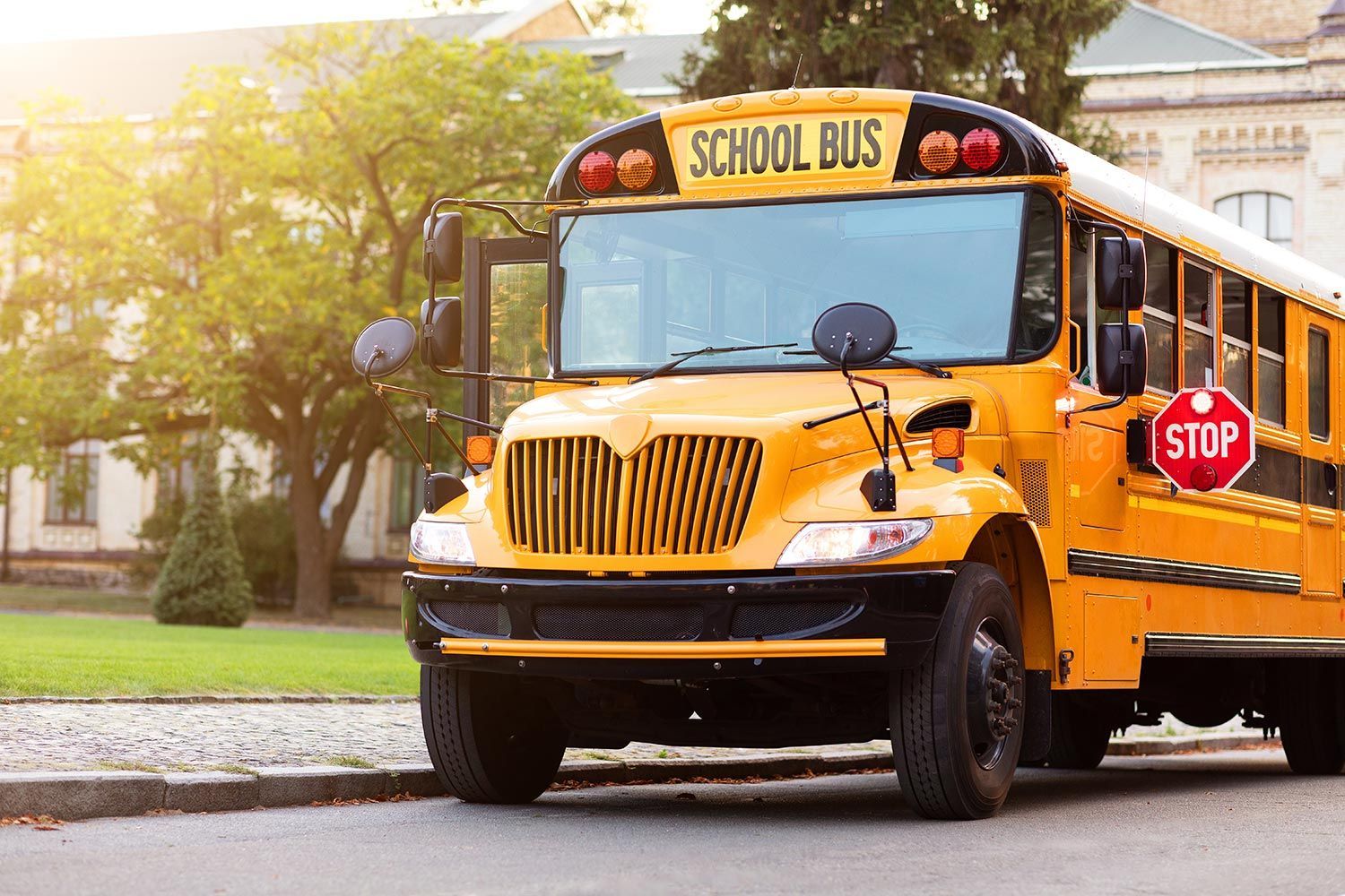 Yellow school bus parked on a suburban street