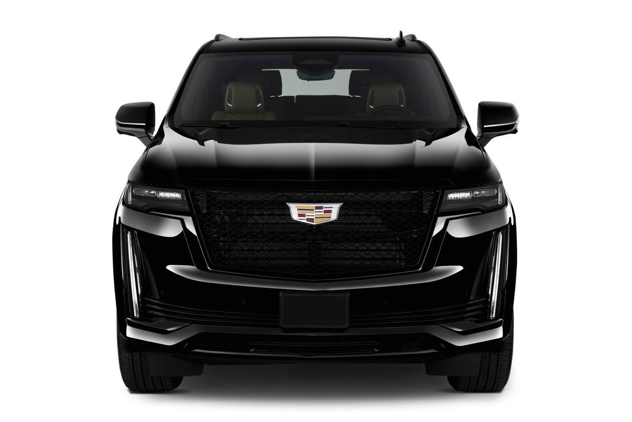 Front view of a black Cadillac SUV on a white background