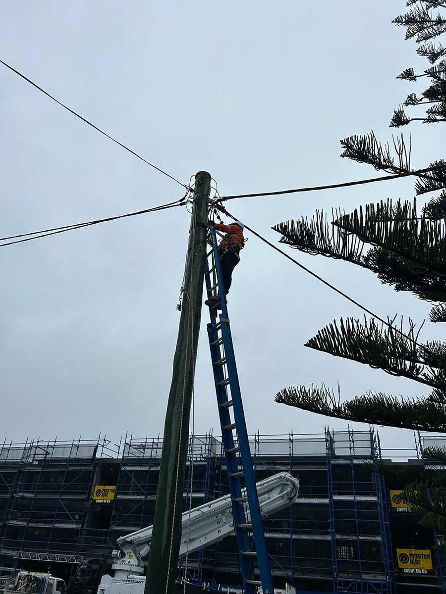 A Worker Climbs a Blue Ladder on a Utility Pole, Surrounded by Wires — JMB Electrical Services In Port Kembla, NSW