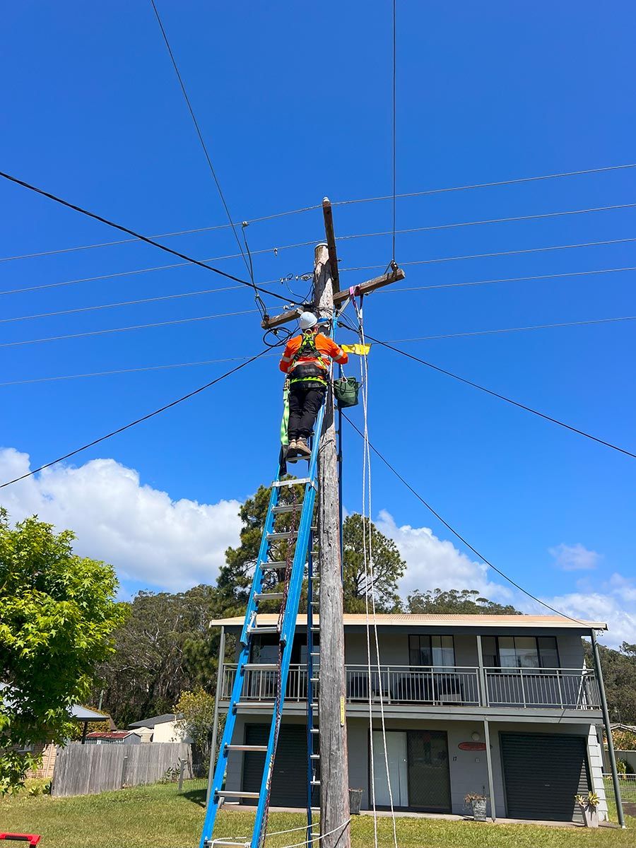 A Worker Wearing Orange Safety Gear Climbs a Blue Ladder — JMB Electrical Services In Port Kembla, NSW