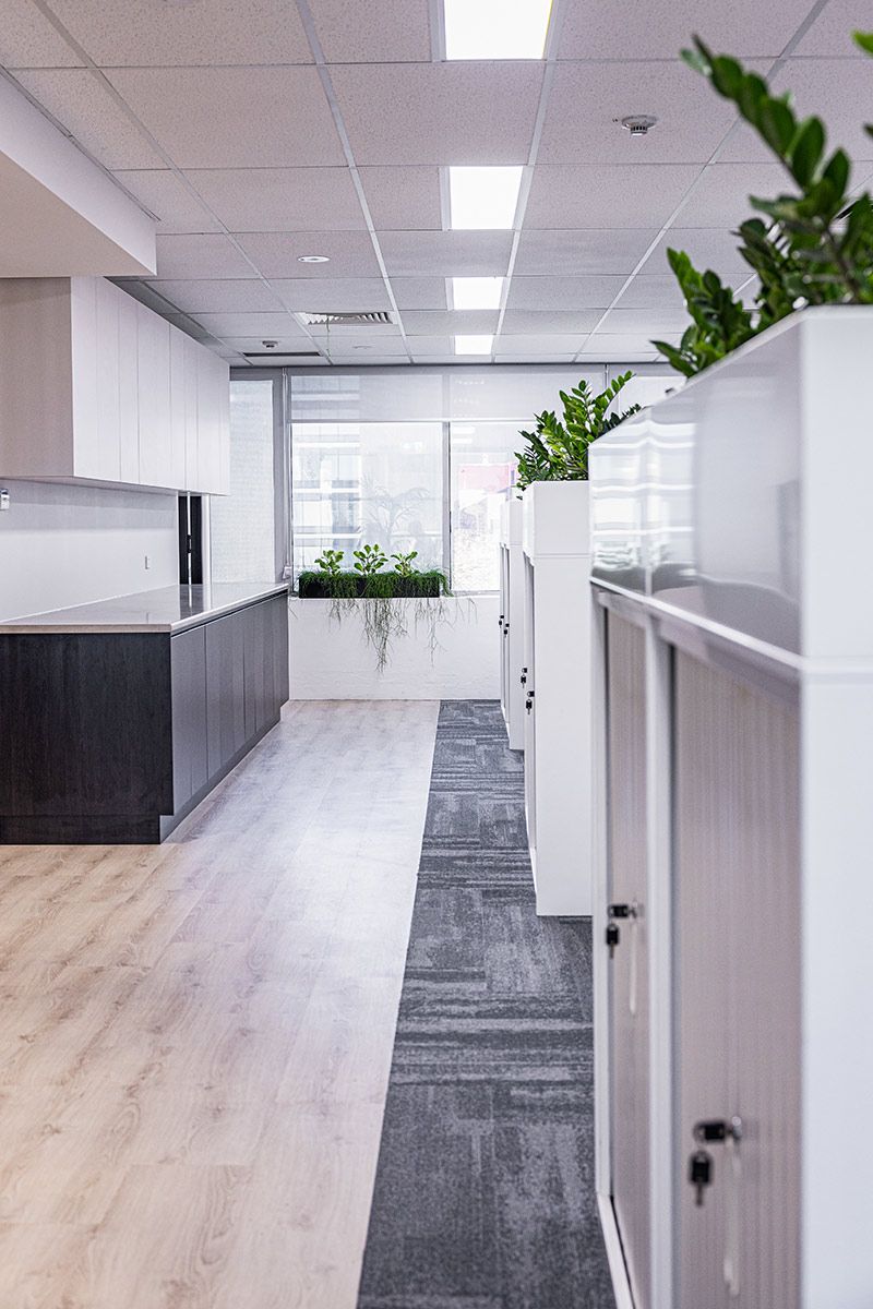 Office Hallway With Hardwood and Carpeted Floors — JMB Electrical Services In Port Kembla, NSW