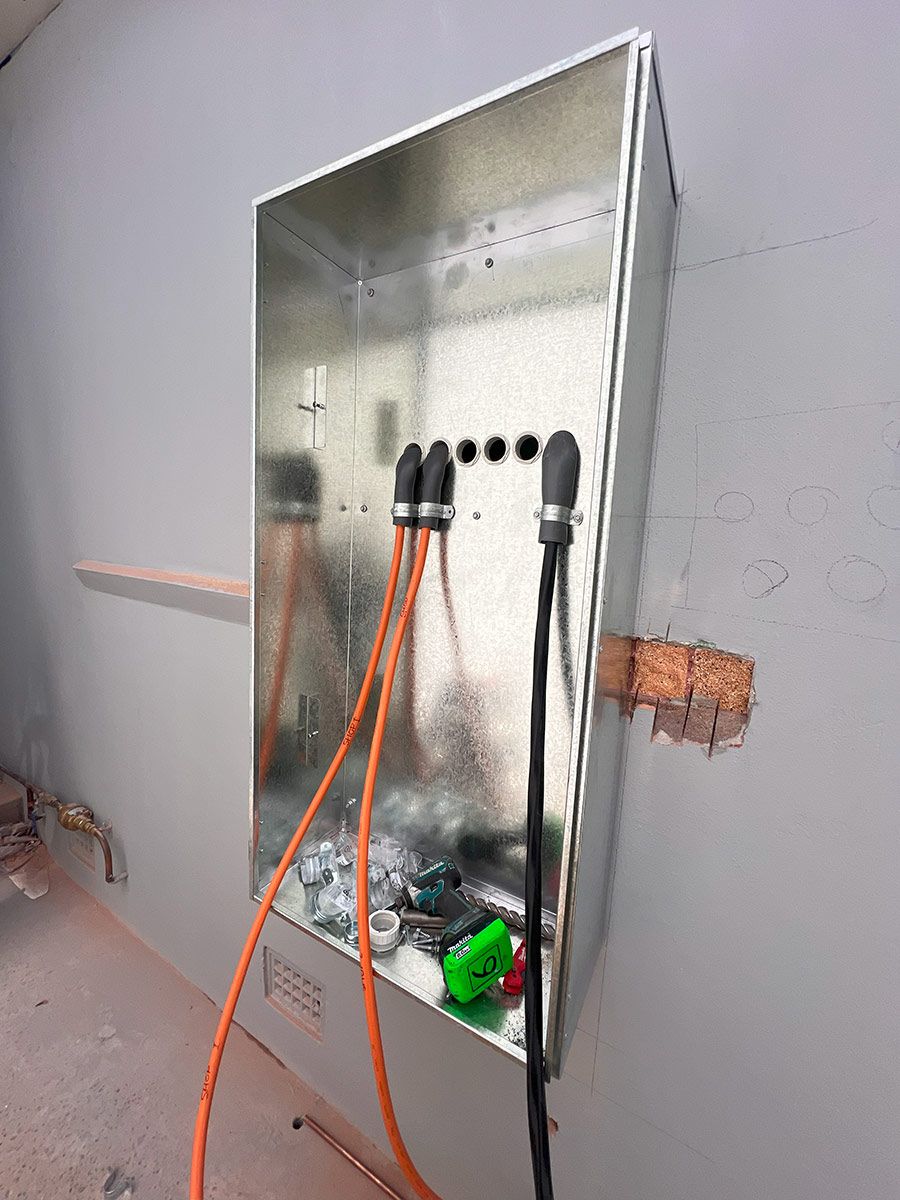 Metal Electrical Box With Orange and Black Cables — JMB Electrical Services In Port Kembla, NSW