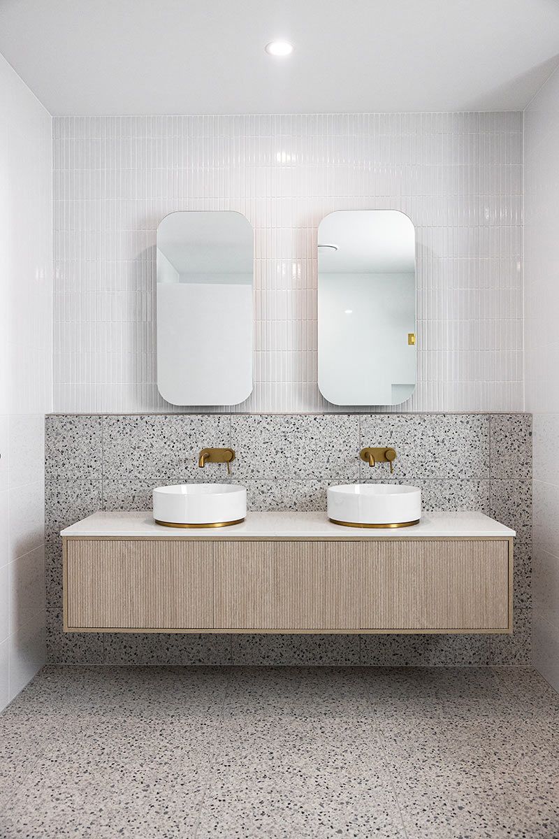 A Bathroom With Two Sinks and Two Mirrors — JMB Electrical Services In Port Kembla, NSW