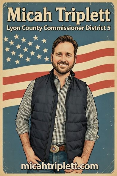 Political campaign poster for Micah Triplett, Lyon County Commissioner District 5. Man in vest in front of American flag.