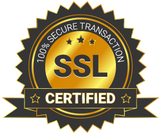 Goldenes und schwarzes SSL-zertifiziertes Siegel mit dem Text „100% sichere Transaktion“.