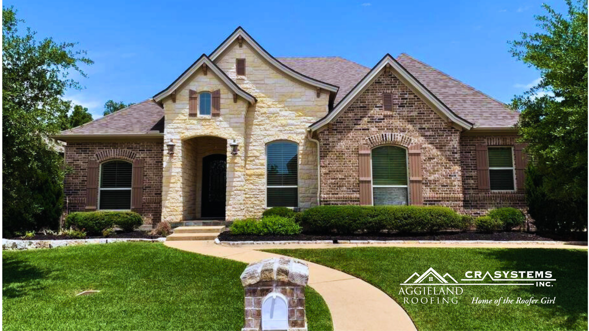 Beautiful house with roof and large lawn with grass and trees