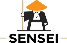 Black-and-white sensei icon with orange hat and staff above the word “SENSEI”