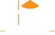Orange conical hat on a pale figure with tan poles and small base shapes on a white background