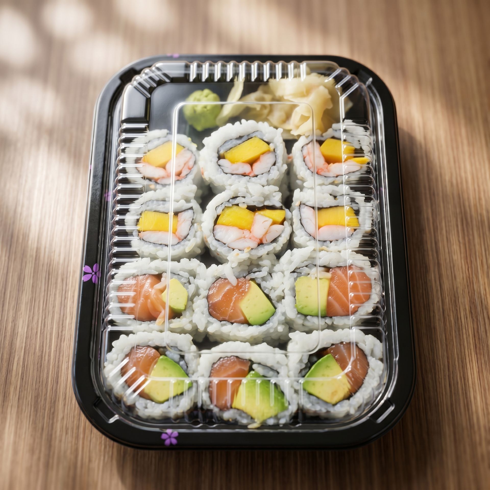 Sushi rolls in a black plastic tray with clear lid on a wooden table
