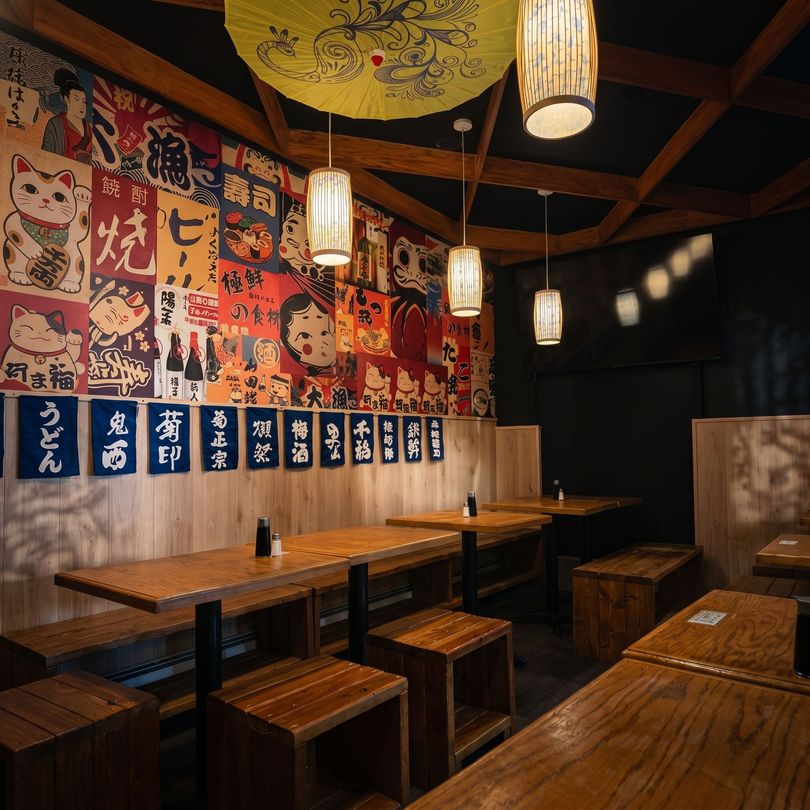 Cozy Japanese-style restaurant interior with wooden tables, benches, lanterns, and colorful wall posters