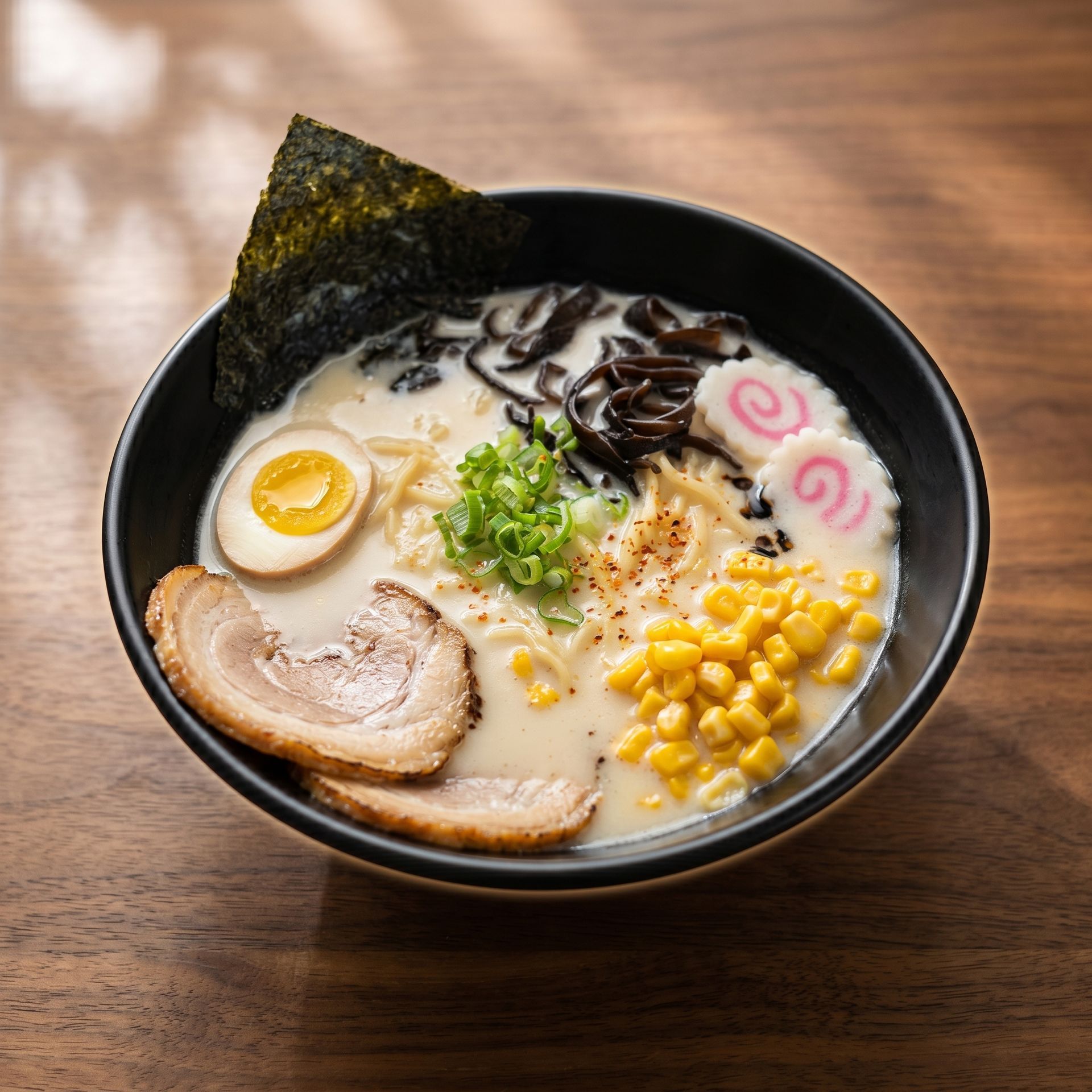 Black bowl of ramen with egg, pork, corn, narutomaki, seaweed, and scallions on a wooden table
