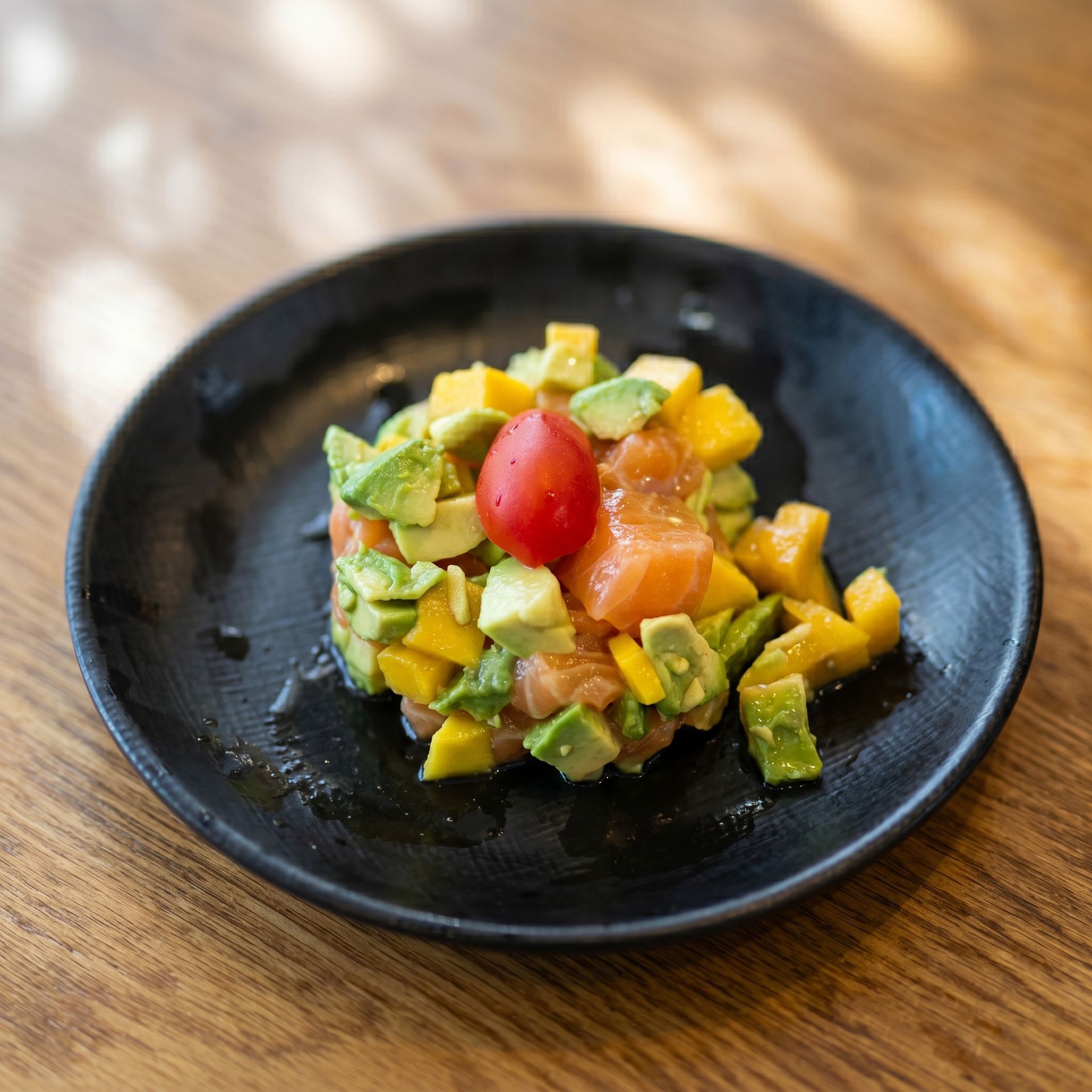 Colorful diced fruit salad on a black plate, topped with a cherry tomato, on a wooden table
