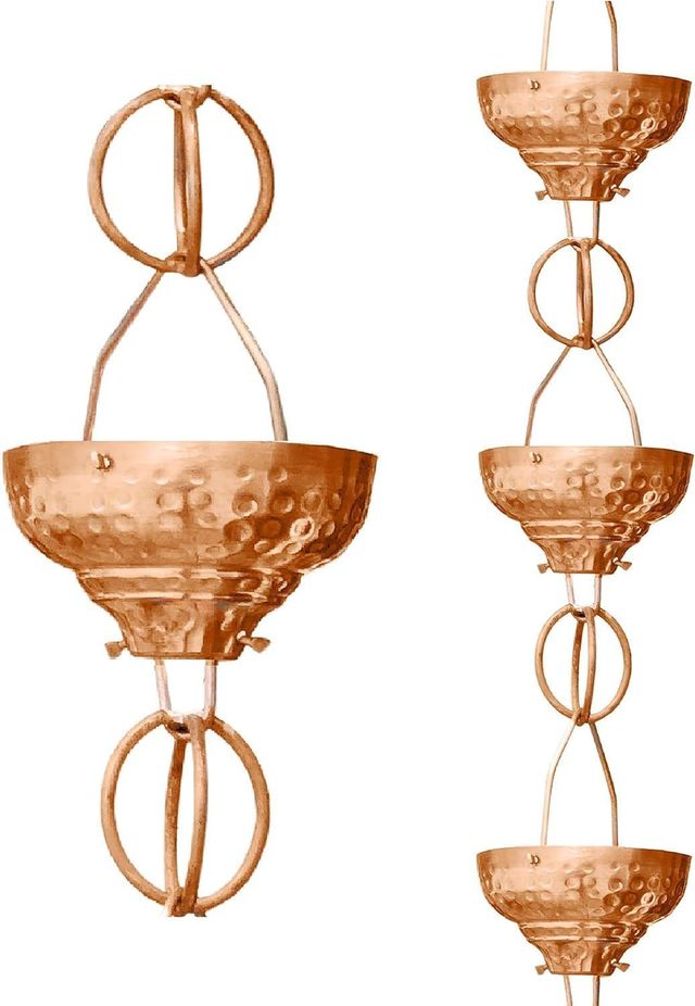 Copper hanging planter with circular wire supports, shown in side view and stacked variations