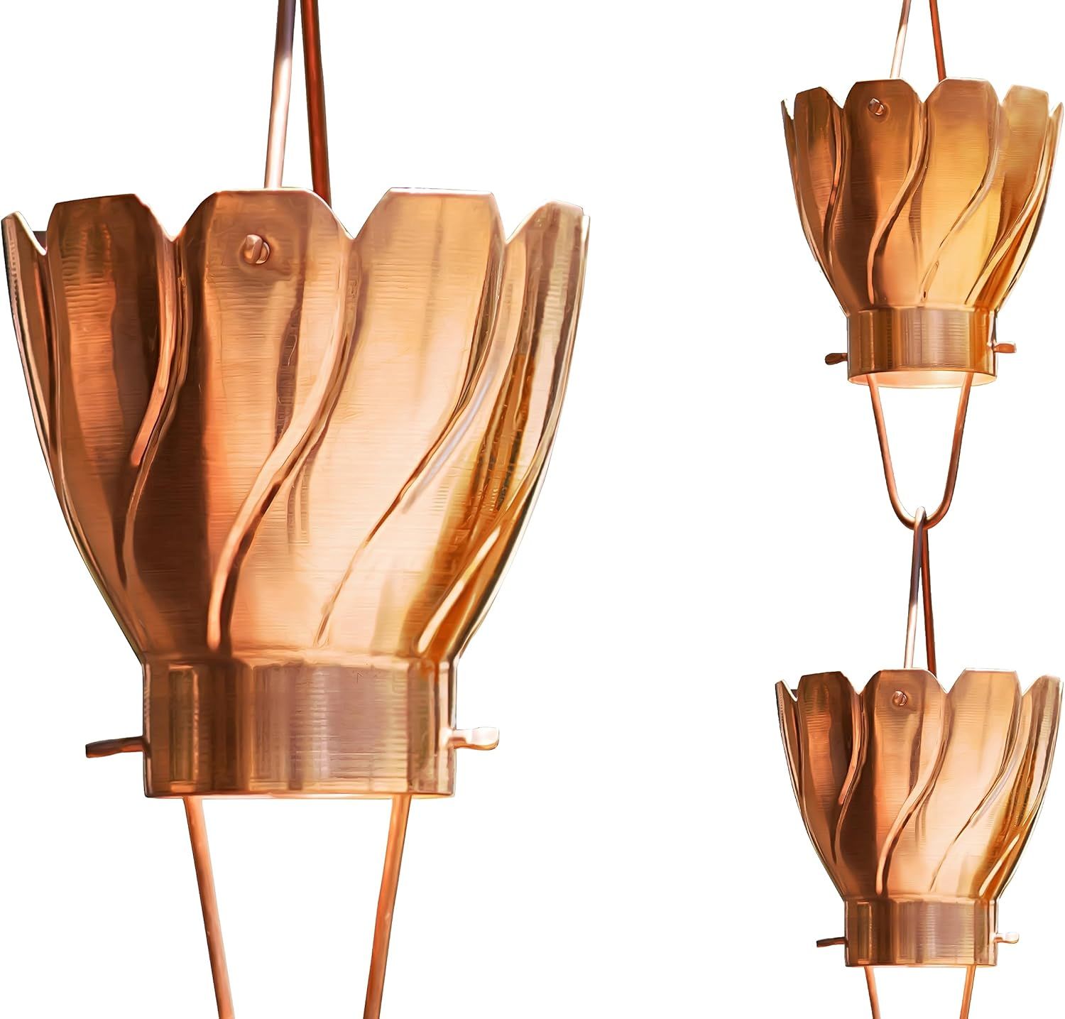 Copper pendant lamp with pleated shade, shown in three views on a white background