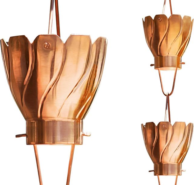 Copper pendant lamp with pleated shade, shown in three views on a white background