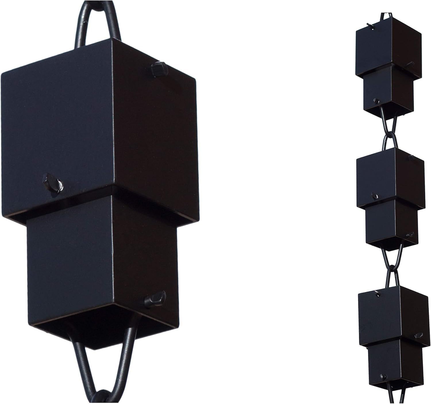 Black rectangular hanging speaker or light fixture shown in close-up and smaller stacked view on white background