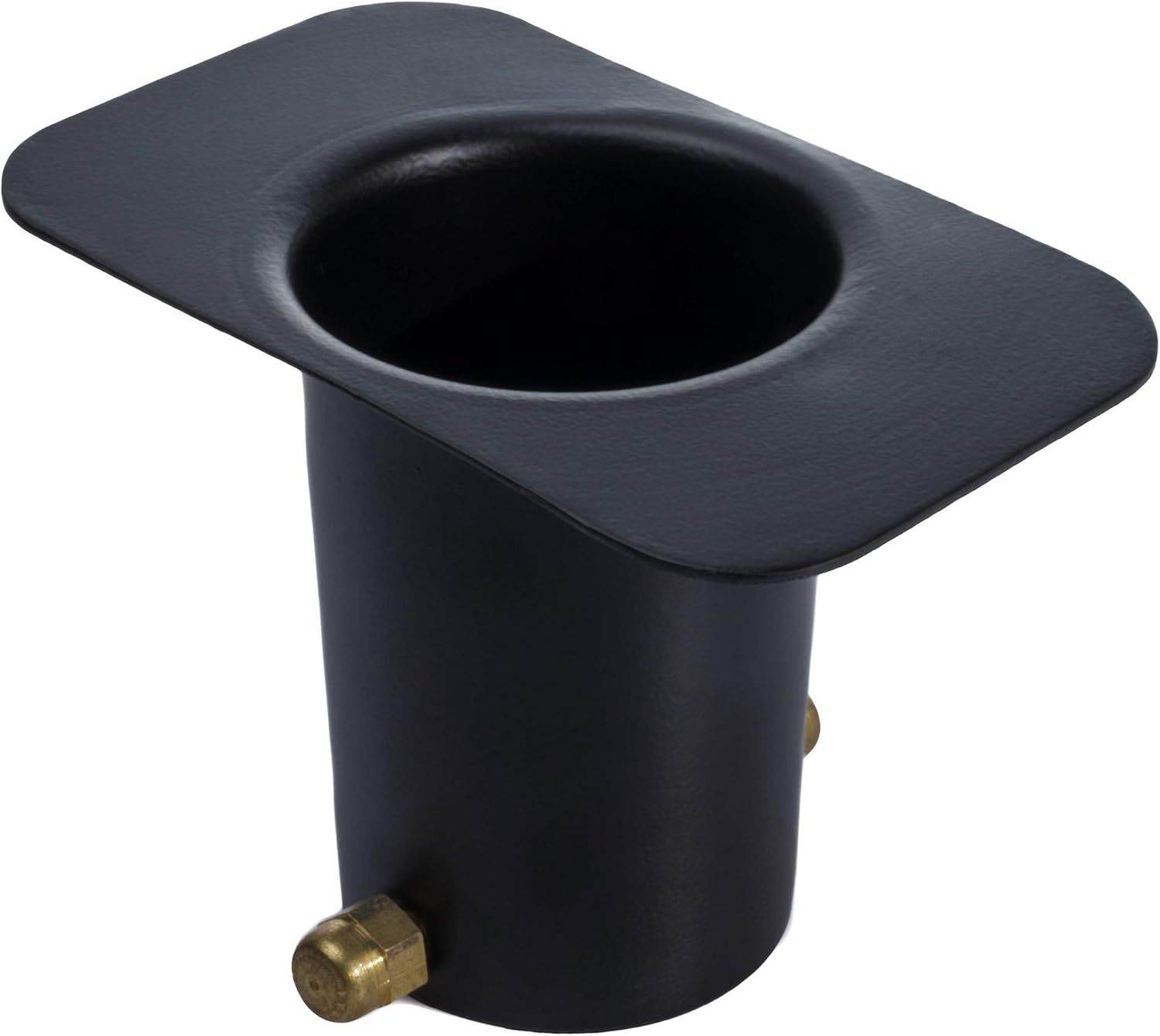 Black plastic automotive air duct with a round opening and brass fittings on the side