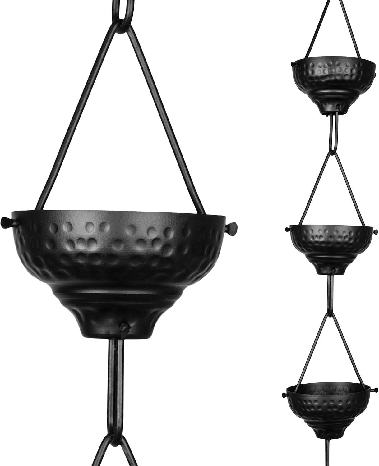 Black hanging cauldrons suspended by chains, shown in close-up and stacked vertically on the right.
