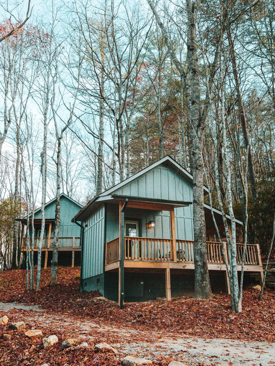 Grey cabins nestled in a wooded area with bare trees and a gravel driveway.