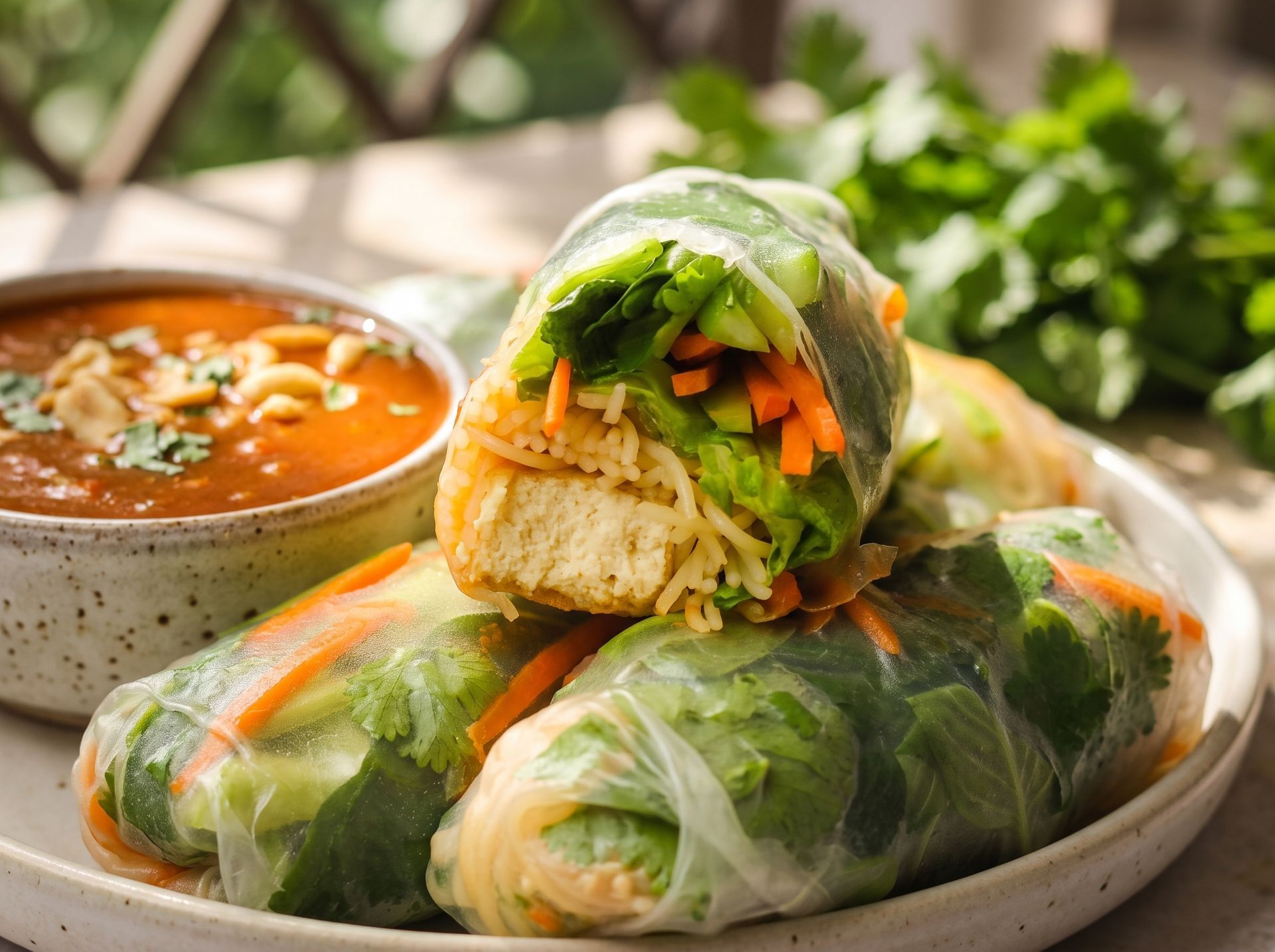 Fresh spring rolls with dipping sauce on a plate, filled with vegetables and herbs