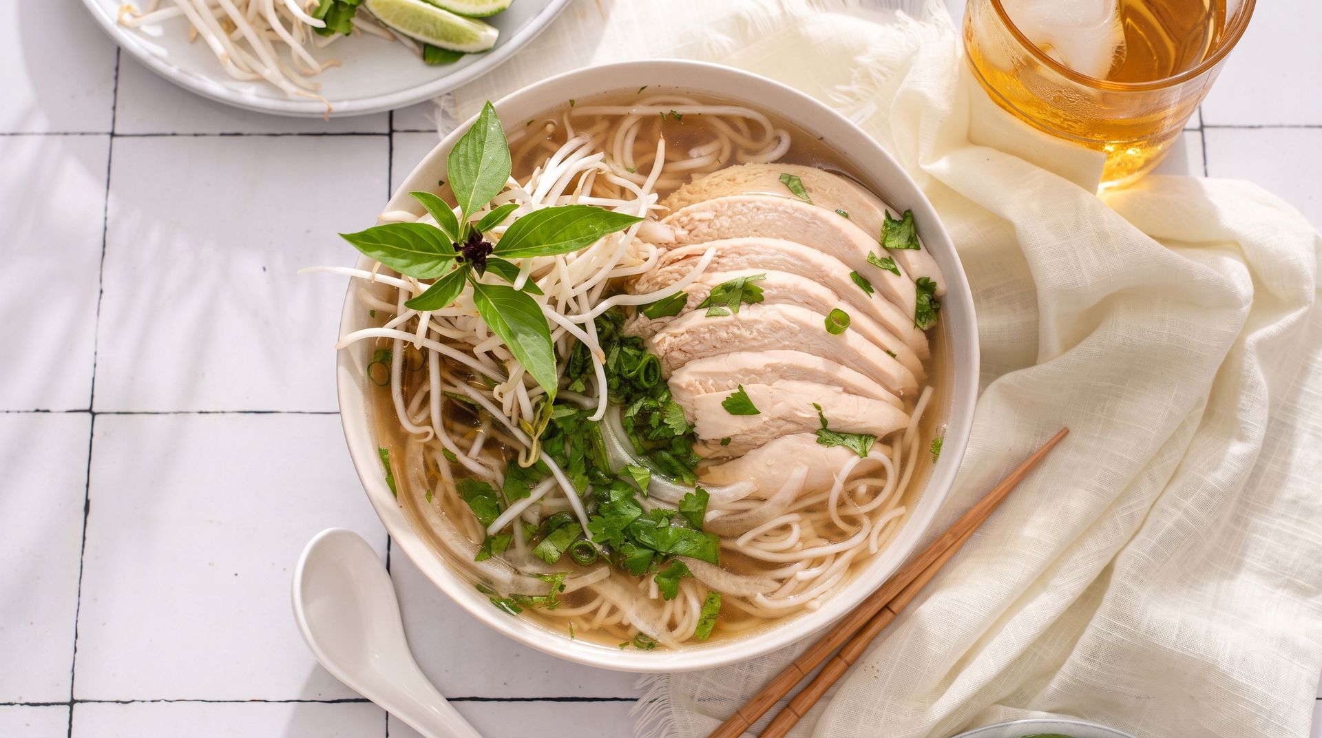 Bowls of pho with noodles, sliced chicken, herbs, chopsticks, and a glass of iced tea on a white table