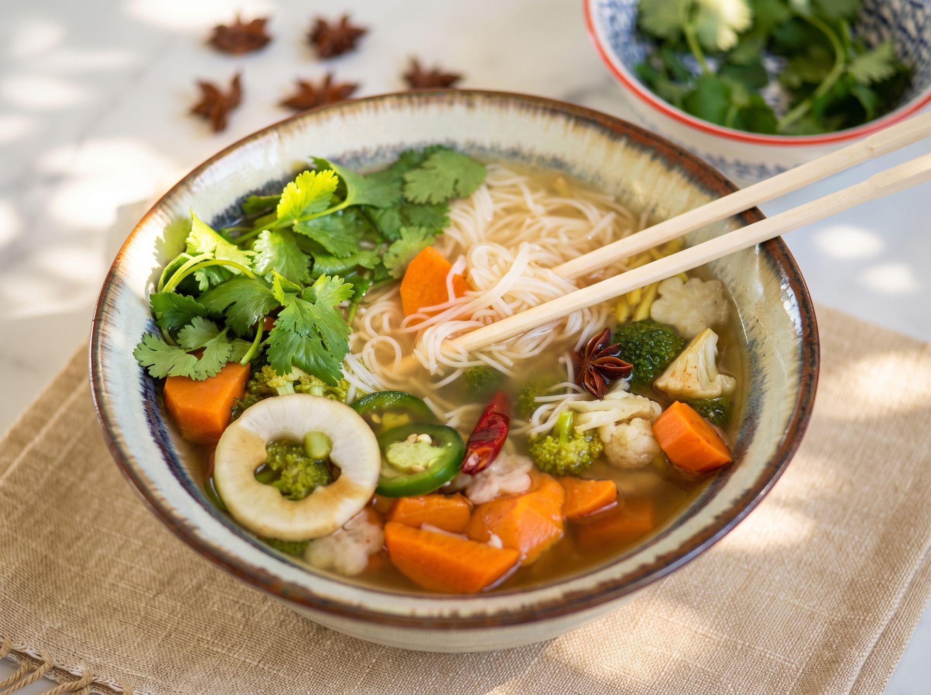 Steaming noodle soup with vegetables, herbs, and chopsticks in a ceramic bowl