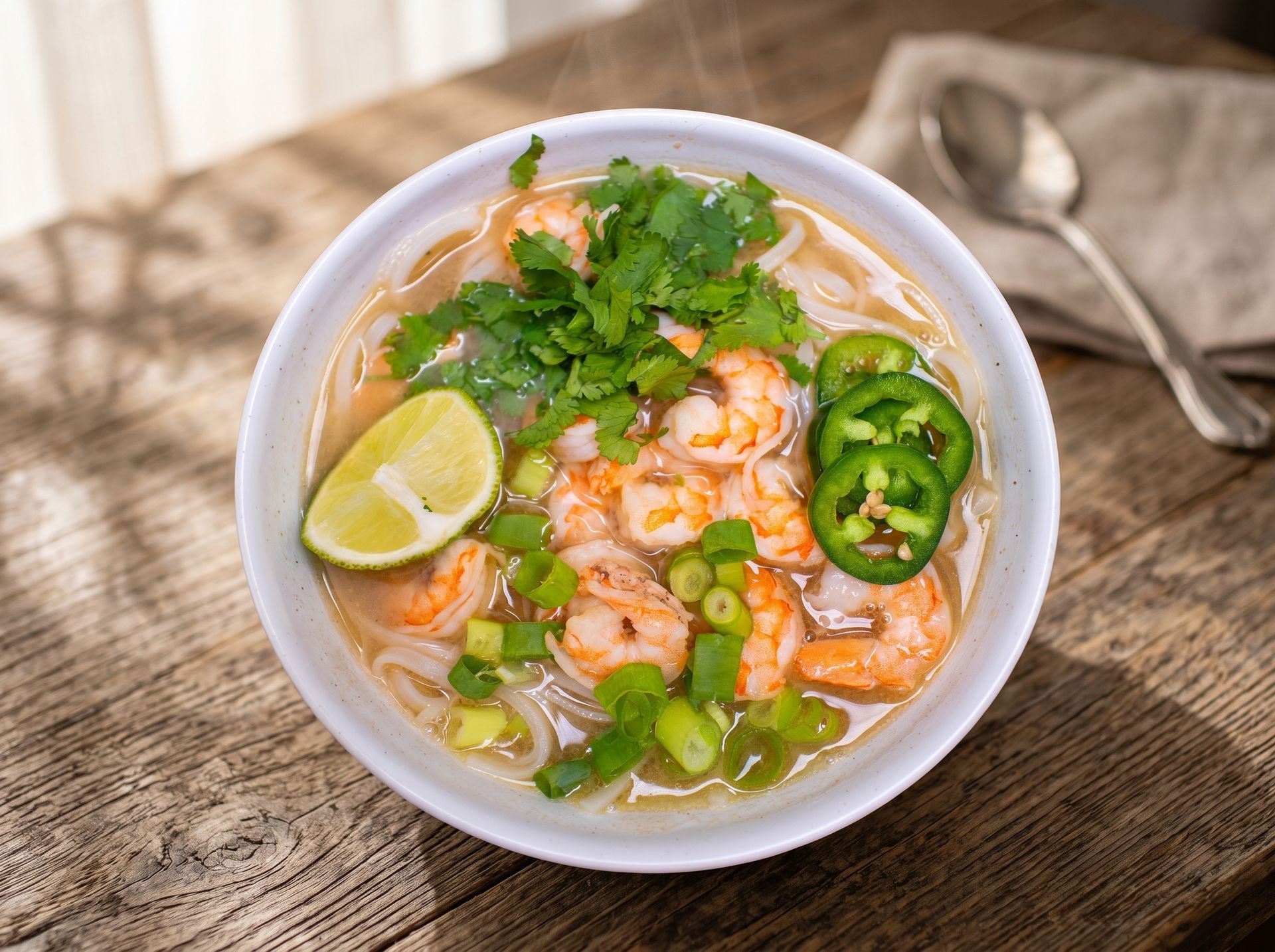 Shrimp noodle soup with lime, cilantro, peas, and sliced jalapeño in a white bowl