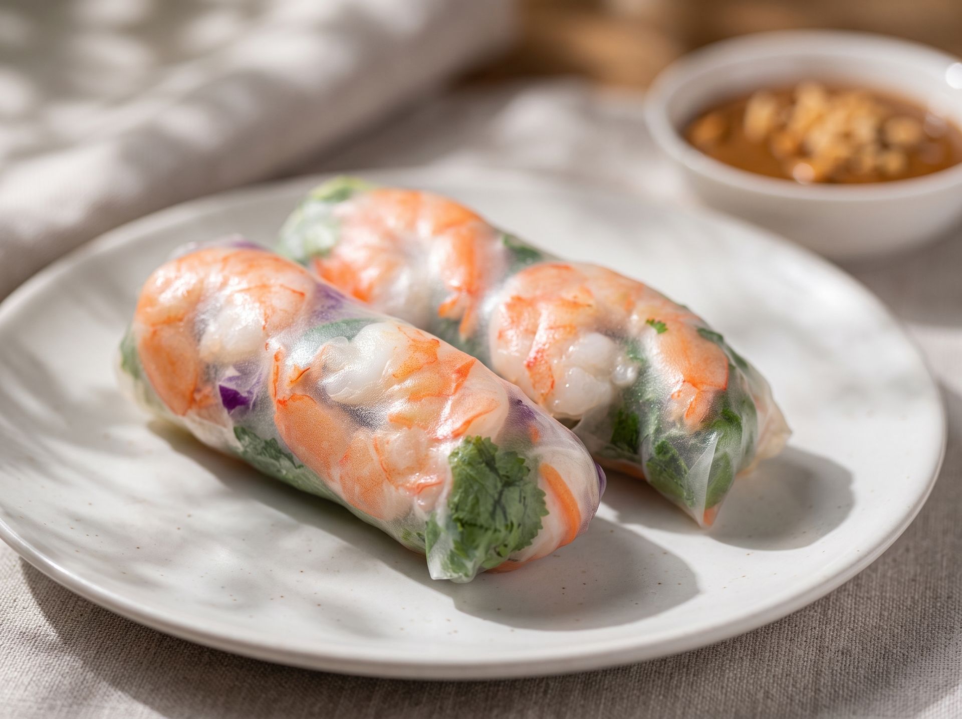Fresh spring rolls on a plate with dipping sauce, garnished with herbs and shrimp
