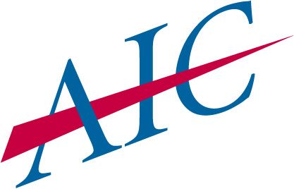 AIC logo with blue letters and a red slash.