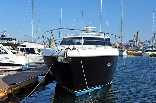 Dark blue and white motorboat docked at a marina on a sunny day.