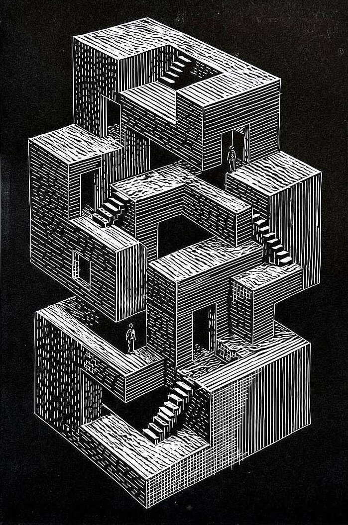 Abstract black-and-white geometric linocut print with stacked striped blocks forming an interlocking structure