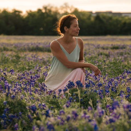 Woman sitting in a purple wildflower field at sunset, wearing a white dress and looking to the side