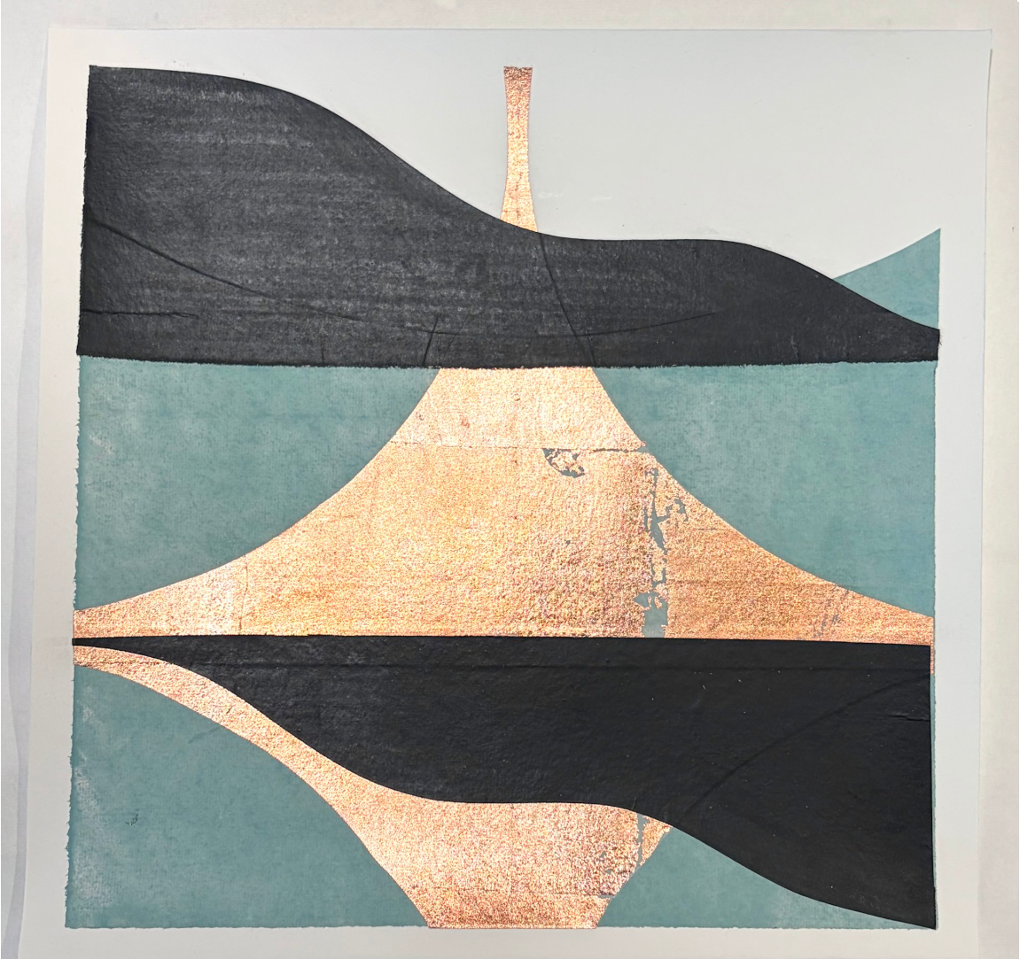 Abstract geometric artwork in teal, black, cream, and peach with layered curved shapes.