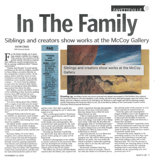 Newspaper article titled “In The Family” about siblings and creators showing works at the McCoy Gallery