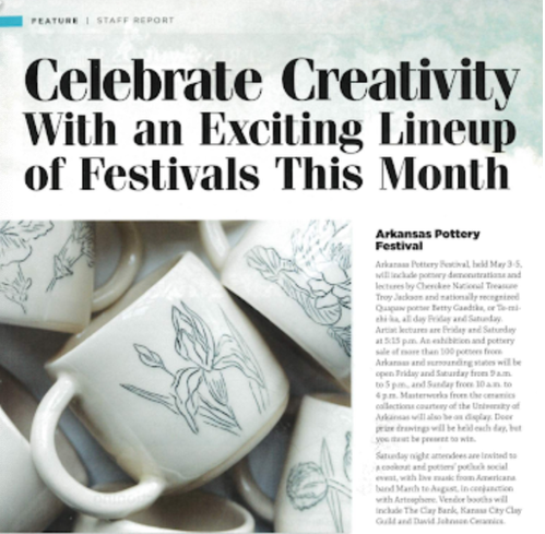 Magazine feature about arts festivals, with headline and a photo of decorated ceramic mugs.