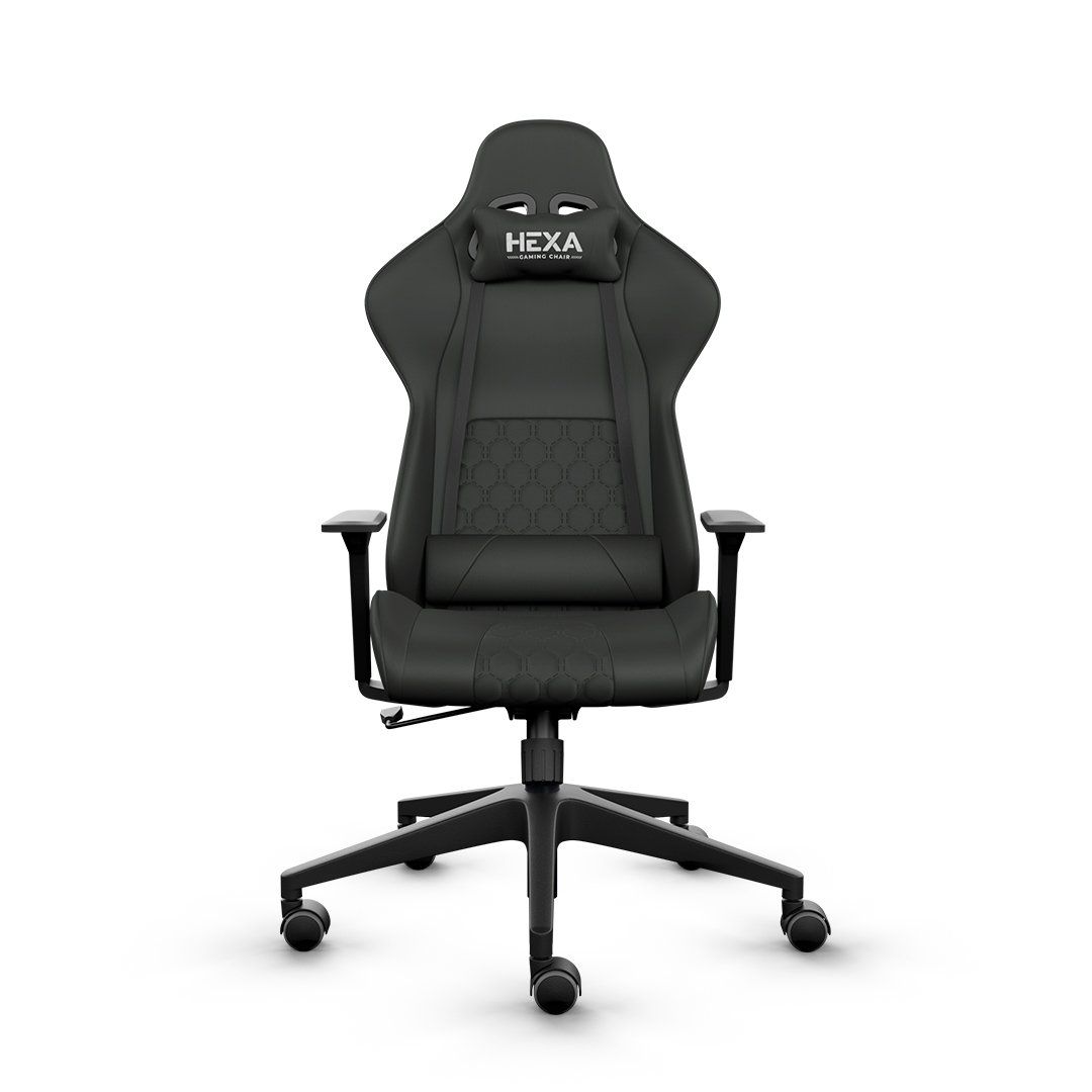 Cadeira gamer preta com encosto de cabeça e apoios de braço.