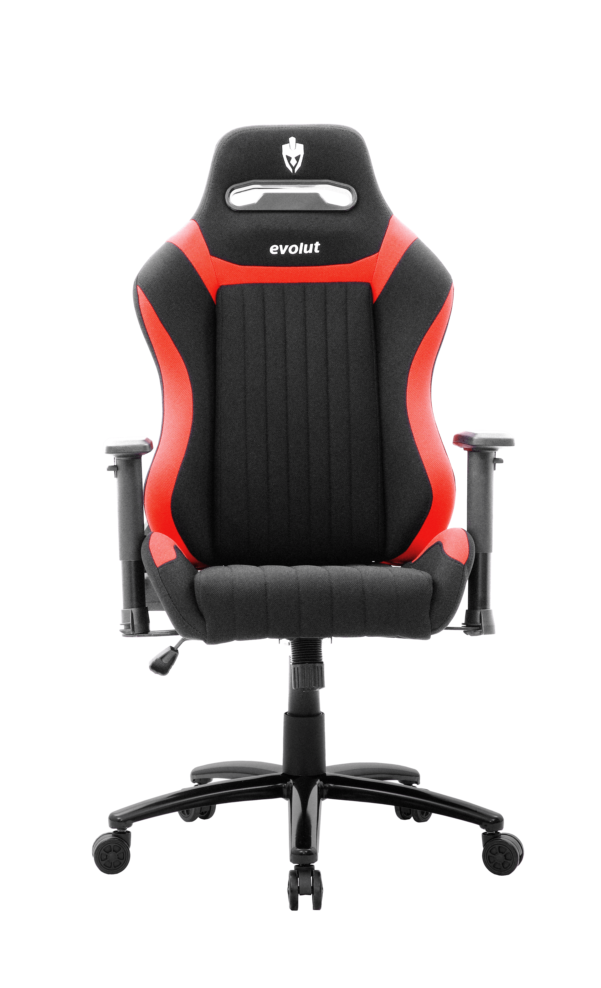 Cadeira gamer preta e vermelha com encosto acolchoado, apoios de braço e base com cinco rodas.