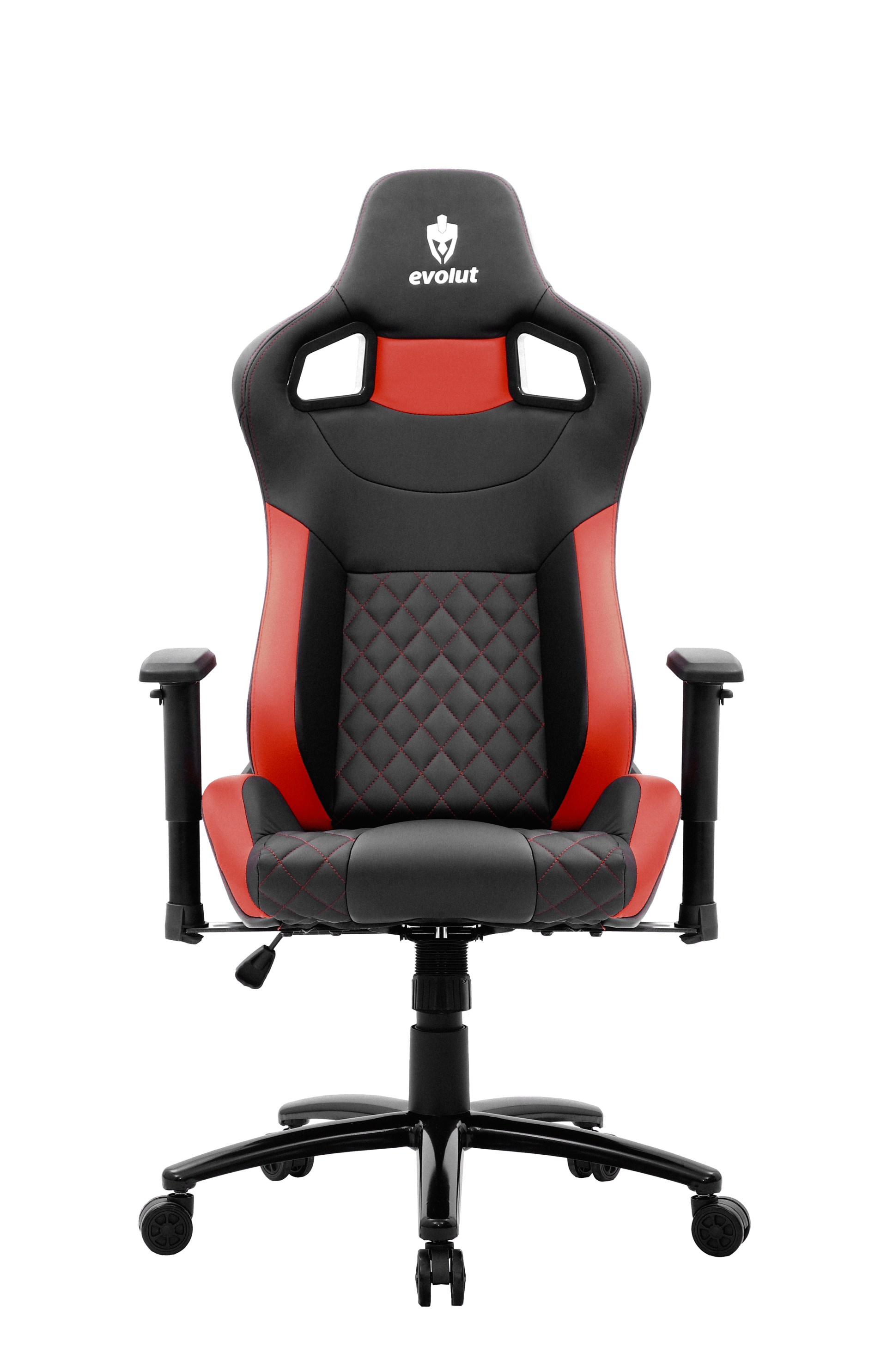 Cadeira gamer vermelha e preta com um logotipo de caveira no encosto de cabeça, posicionada sobre uma base preta.