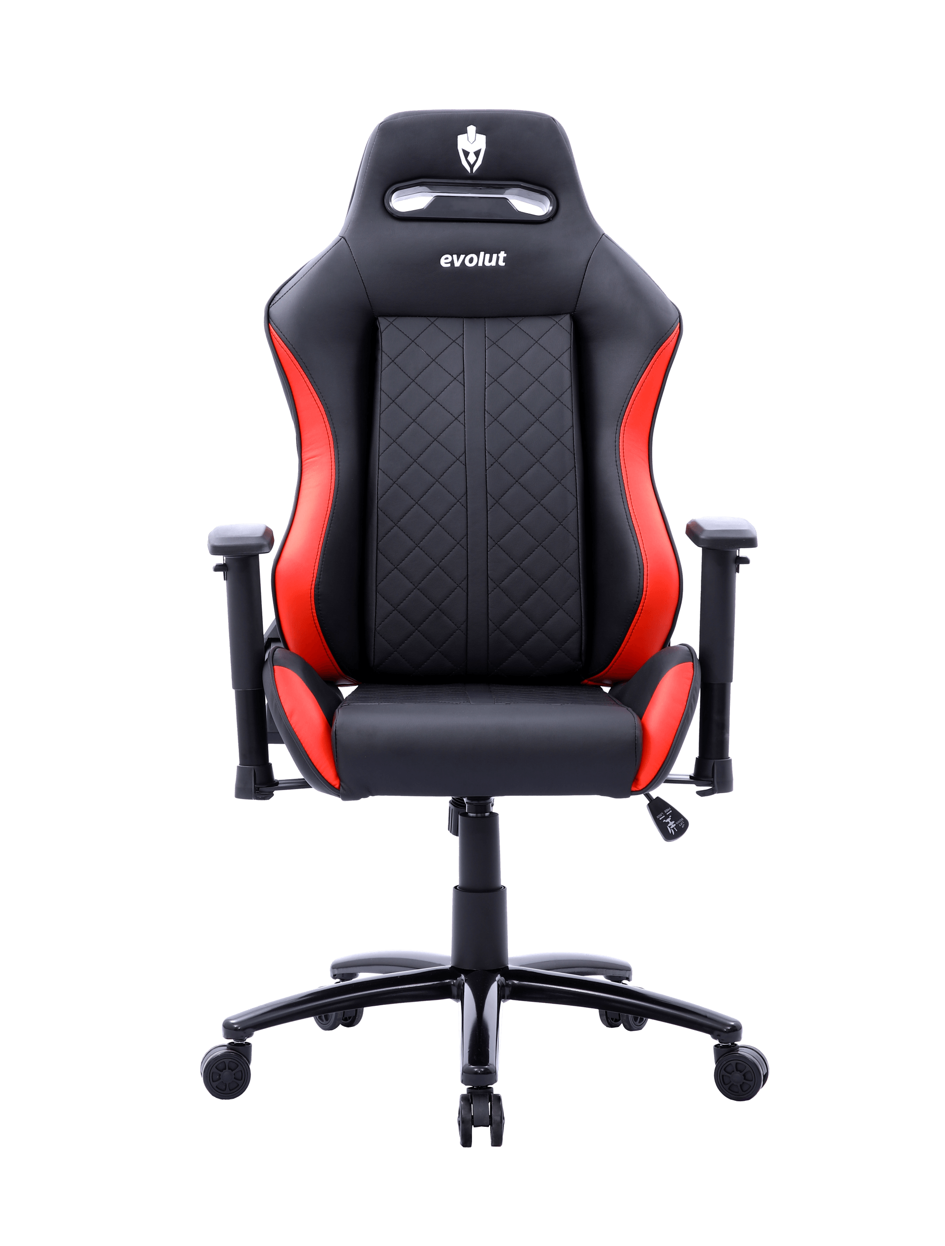 Cadeira gamer preta e vermelha com apoios de braço ajustáveis, sobre um fundo branco.