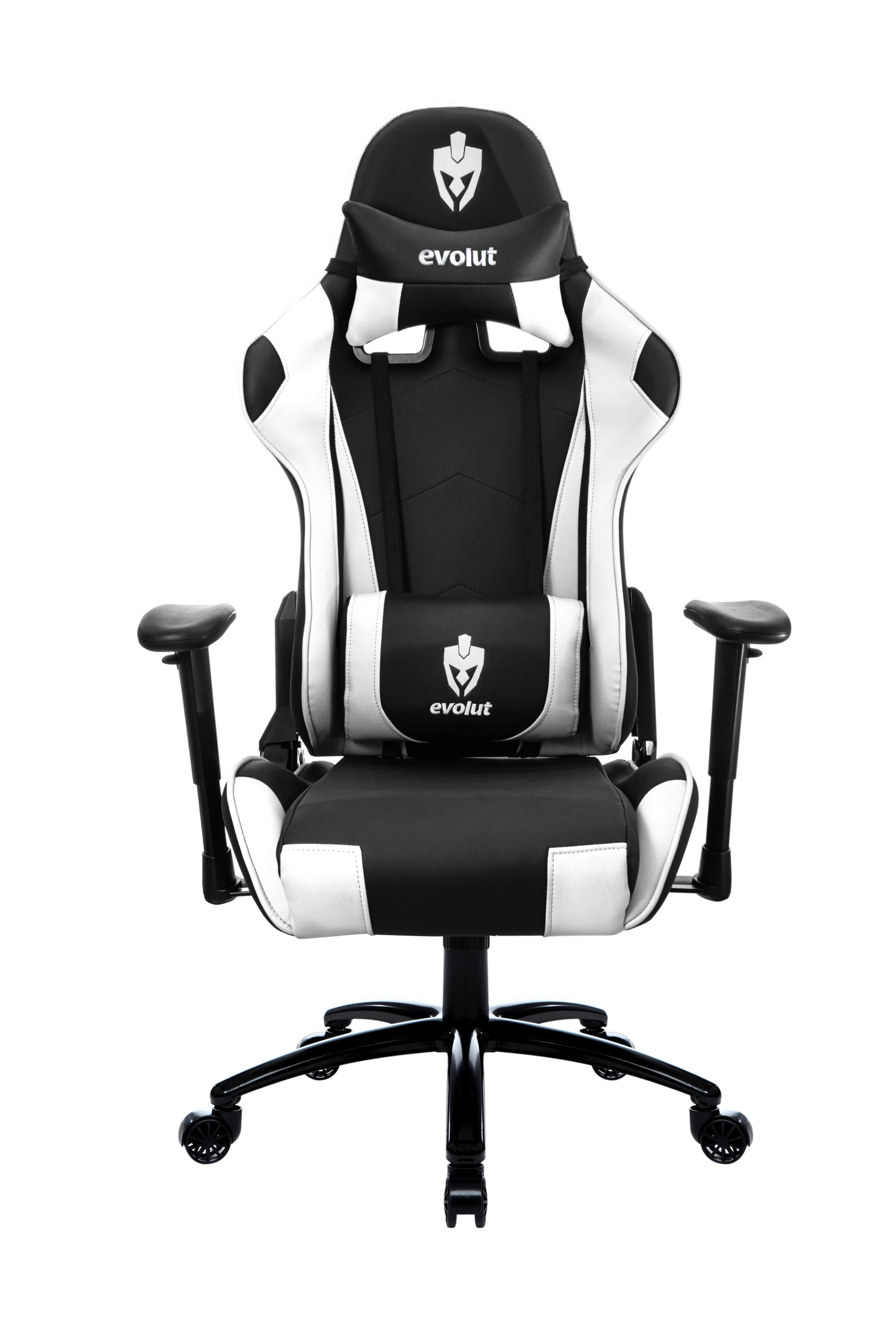 Cadeira gamer preta e branca com logotipo, apoios de braço ajustáveis ​​e almofada lombar.