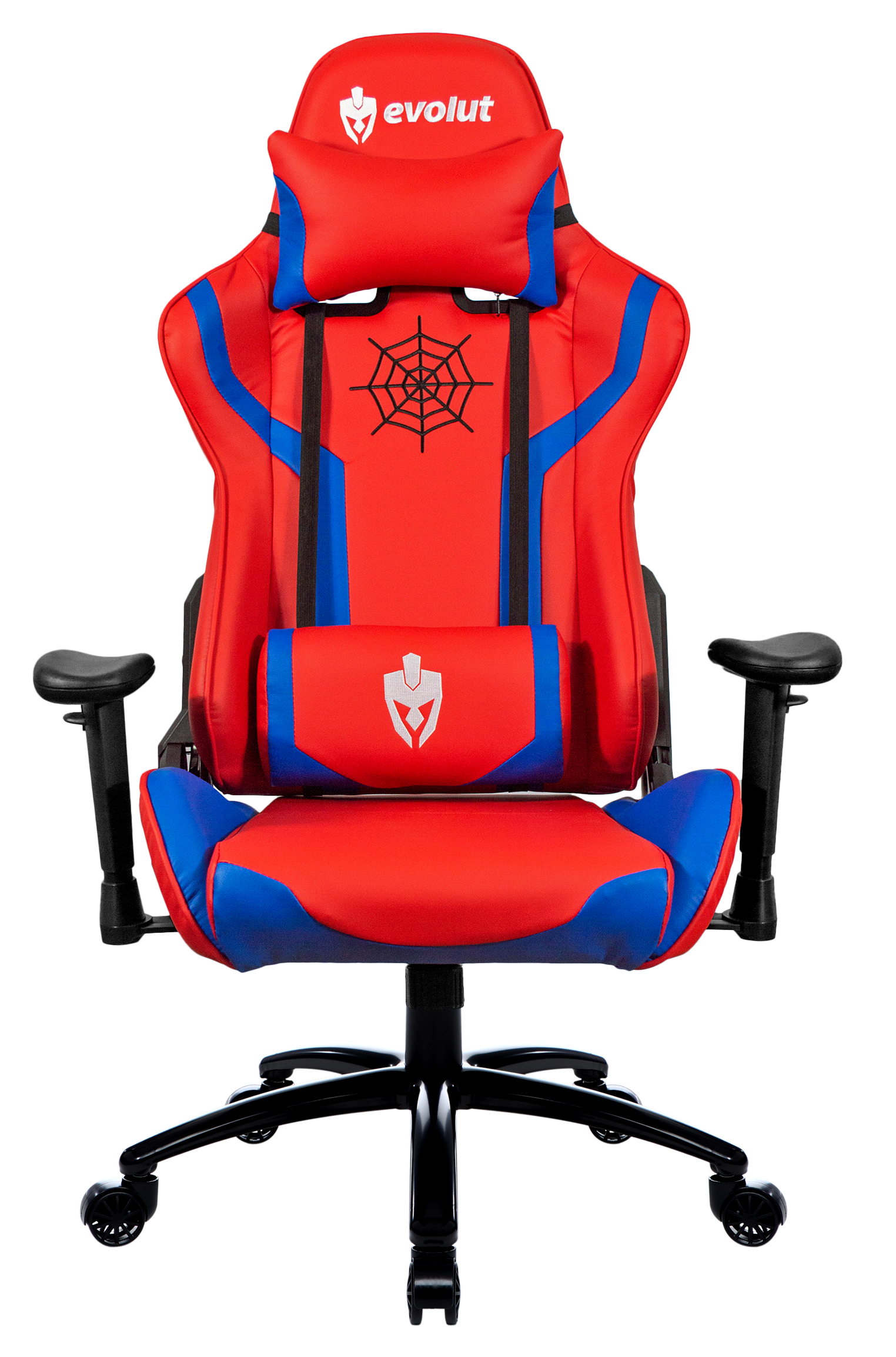 Cadeira gamer vermelha e azul com detalhes em preto. Possui apoio de cabeça, suporte lombar e apoios de braço ajustáveis.