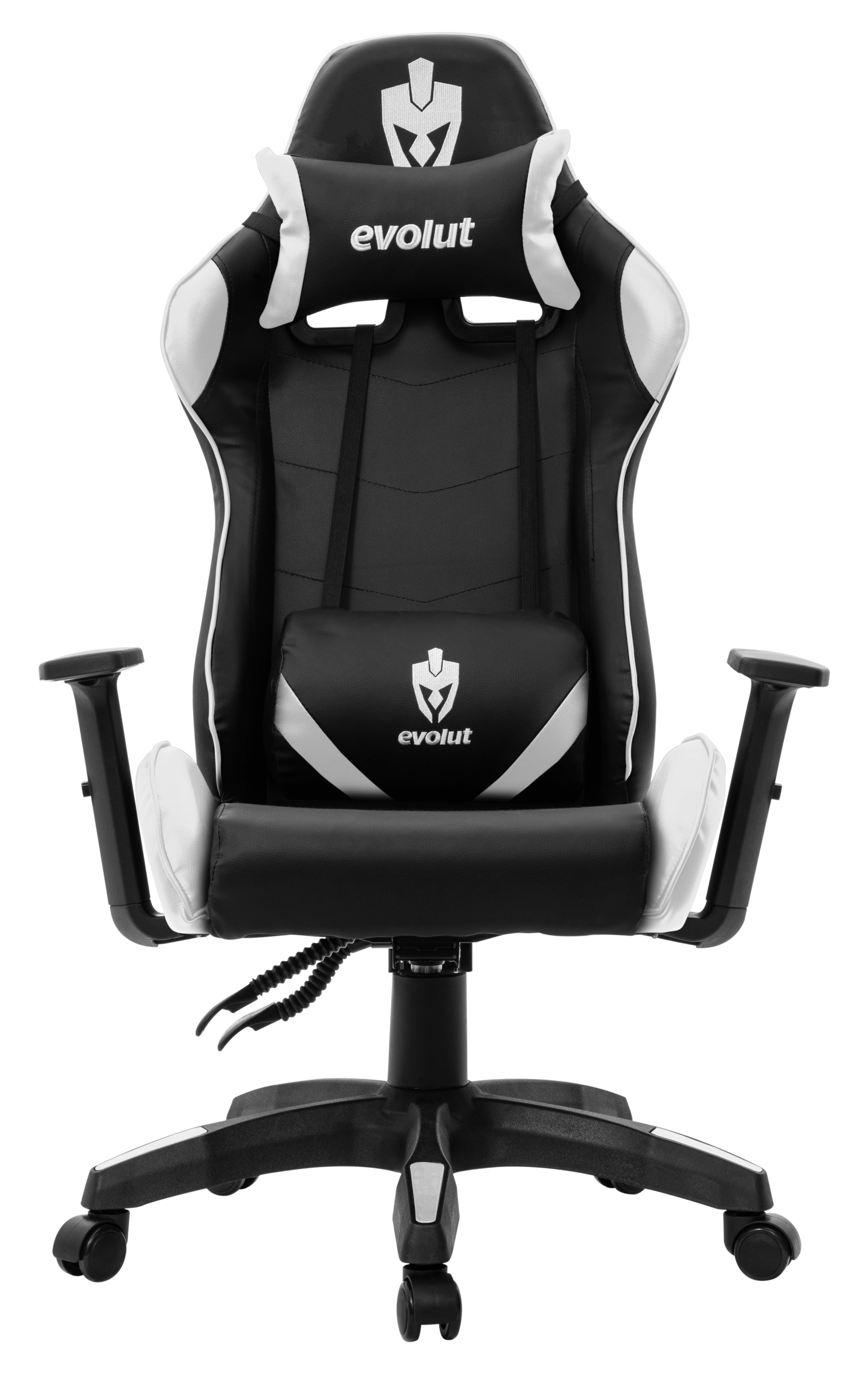 Cadeira gamer preta e branca com apoio de cabeça e lombar, sobre base com rodízios.