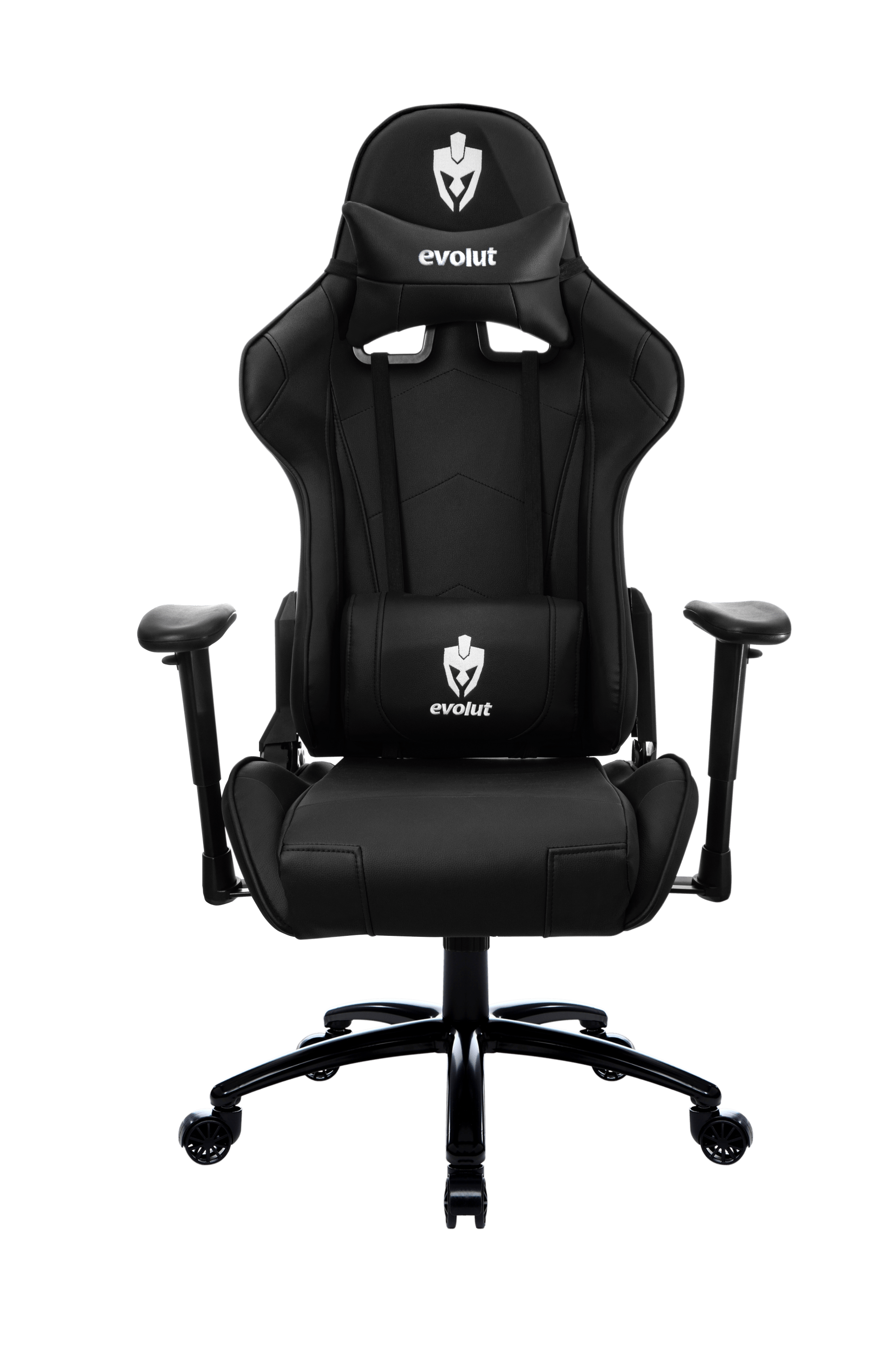 Cadeira gamer preta com apoio de cabeça, almofada lombar e apoios de braço; a estrutura é sustentada por uma base com rodas.