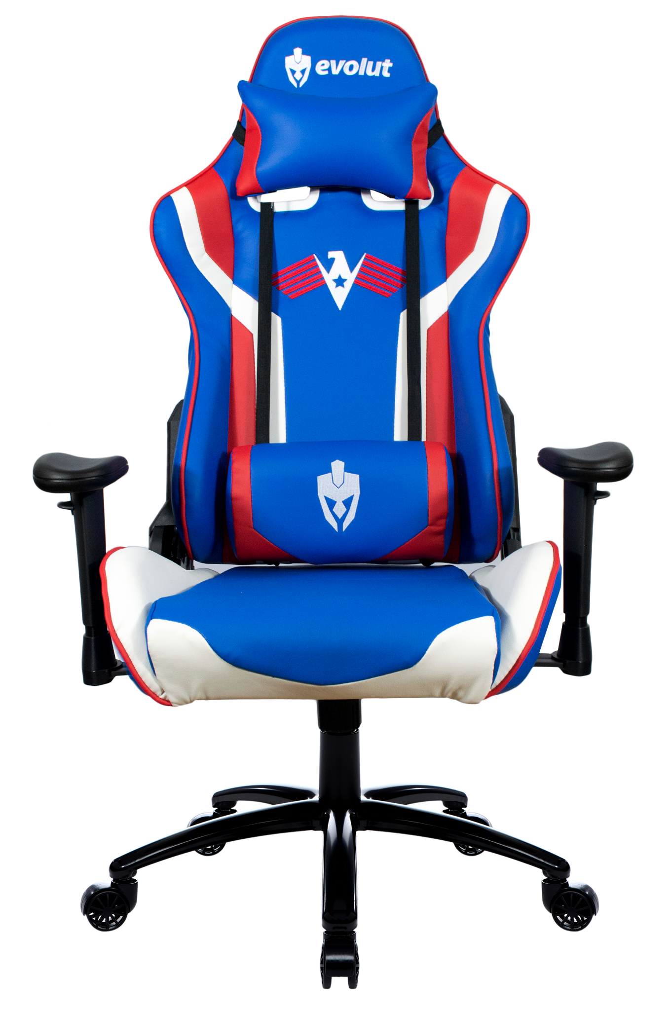 Cadeira gamer azul, vermelha e branca com apoios de braço e base pretos.